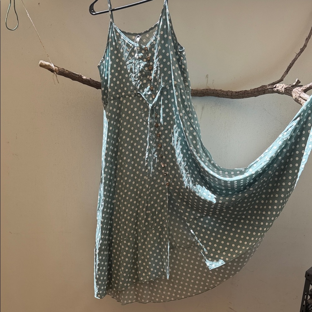 Sage Polka Dot Midi Slip Dress with Button & Tie Front